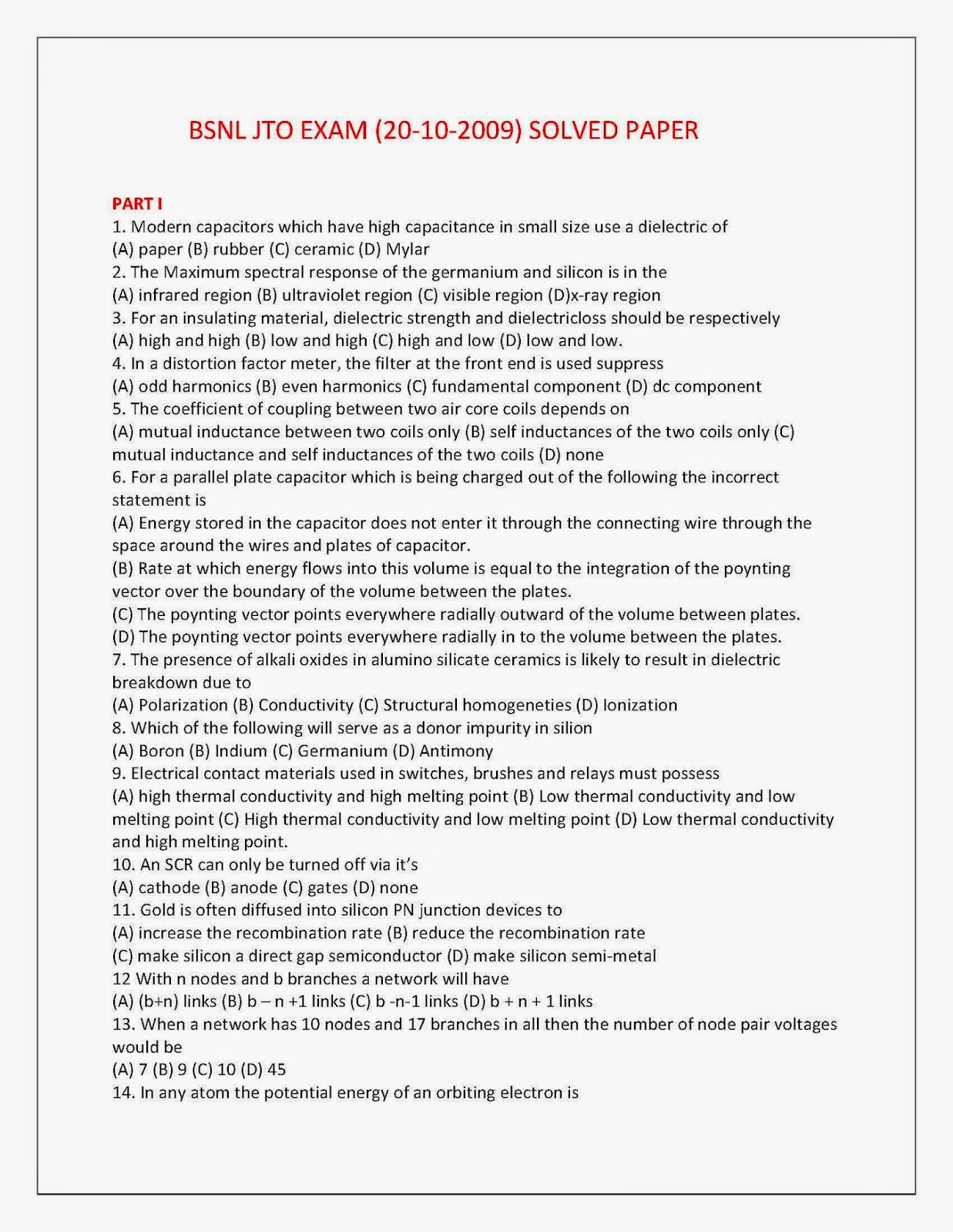 bsnl jto question papers answers